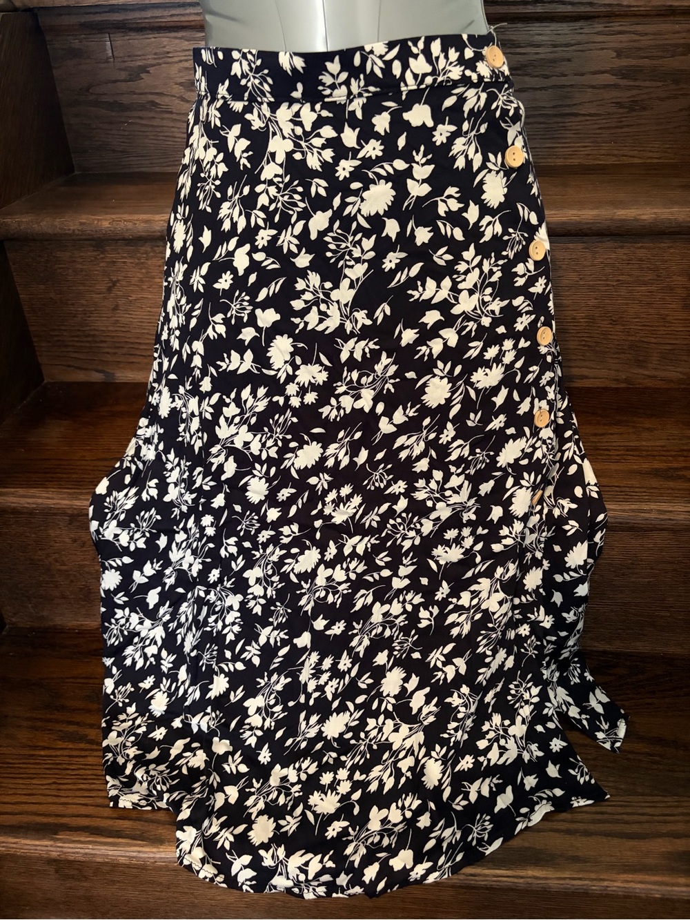 Final Touch Navy and White Floral Maxi Skirt with Side Buttons